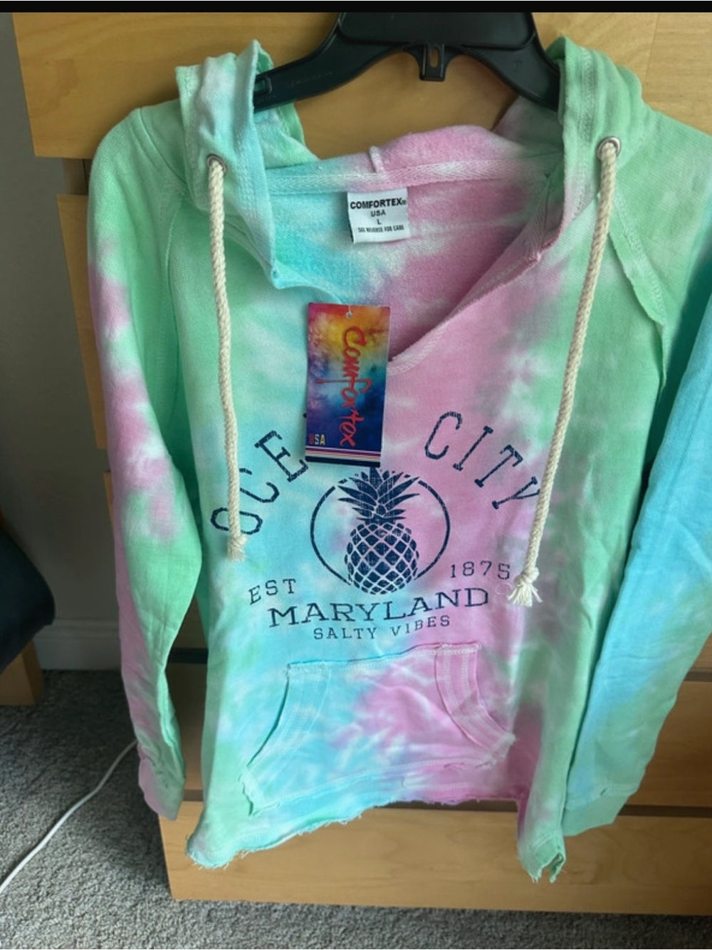NWT-LG Ocean city MD Comfortex Tie-Dye Hoodie Sweatshirt - Pastel Pink Mint Blue